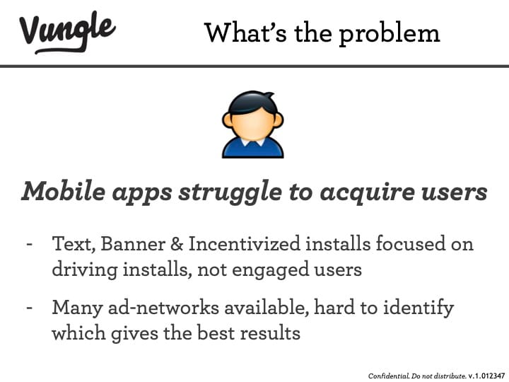 Vungle pitch deck problem slide: mobile apps struggle to acquire engaged users across many ad networks