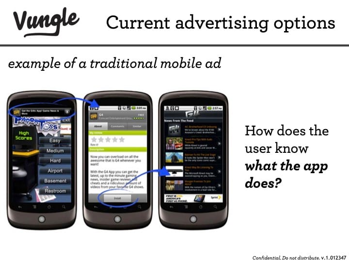Vungle pitch deck slide showing traditional mobile ad screens and asking how a user knows what the app does
