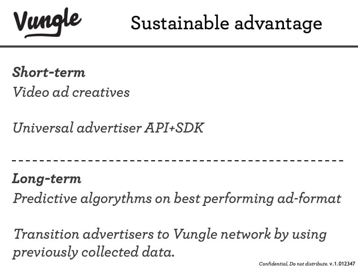 Vungle pitch deck slide outlining short-term and long-term sustainable advantages