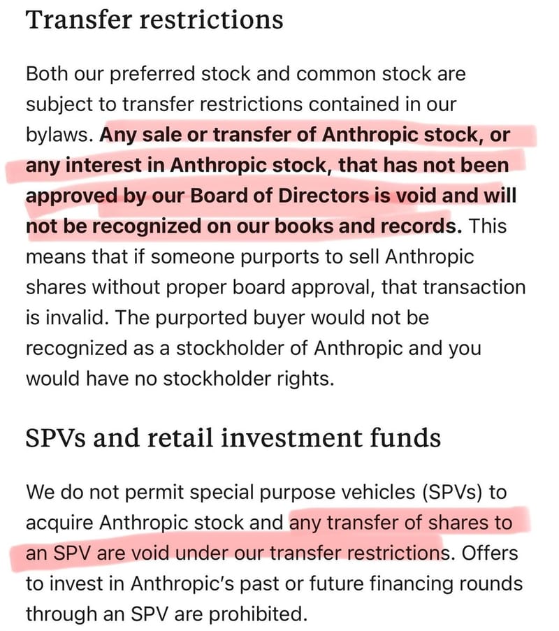 Screenshot of Anthropic bylaw text on stock transfer restrictions and a ban on SPVs acquiring shares